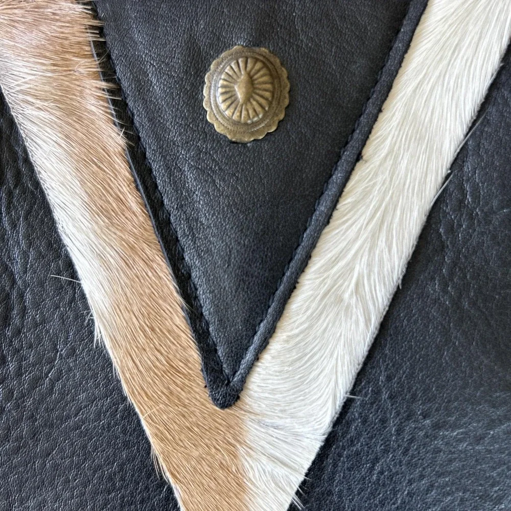 Vintage Artisan Leather Handbag Deerskin Trim Brass Inca Masks Tribal Boho Style
